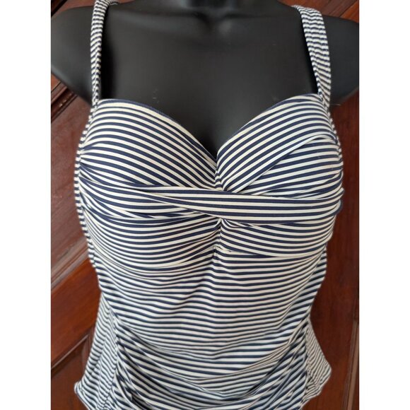 Niptuck Swim Blue White Striped Ruched One-Piece Swimsuit Adjustable Size 12 - Picture 2 of 5